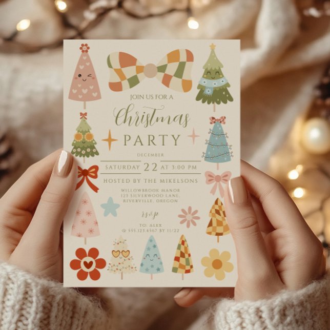 Invitation Groovy Retro Bow Christmas (Créateur téléchargé)