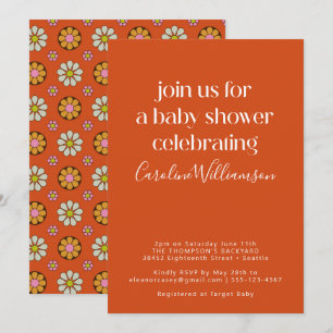 Invitation Groovy Rétro Orange Fleurs Années 70 Baby Shower