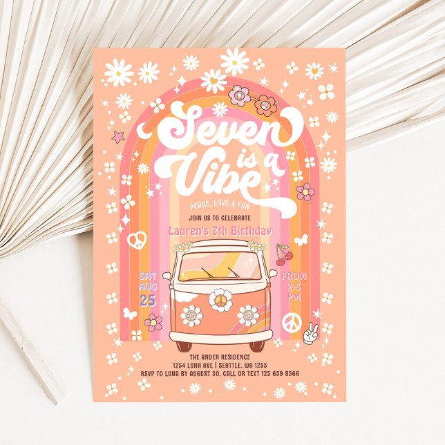 Invitation Groovy Seven est un Bus Van à l'anniversaire de 7  (Créateur téléchargé)