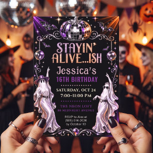 Invitation groovy violette pour une Sweet 16 disco