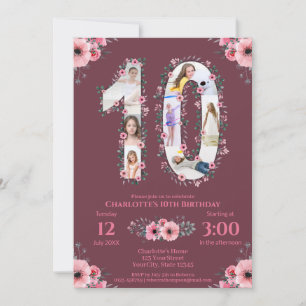 Invitation Gros 10e anniversaire fille photo Collage Fleur ro