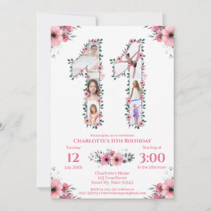 Invitation Gros 11e anniversaire fille photo Collage Fleur ro