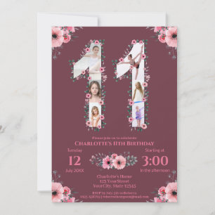 Invitation Gros 11e anniversaire fille photo Collage Fleur ro
