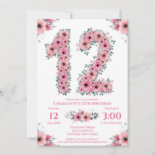 Invitation Gros 12ème anniversaire Fille du feuillage vert Fl