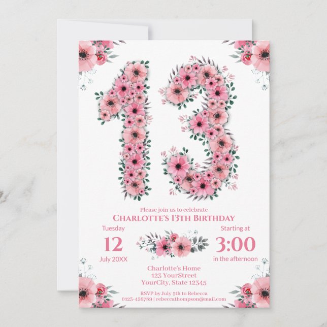 Invitation Gros 13ème anniversaire Fille du feuillage vert Fl (Devant)