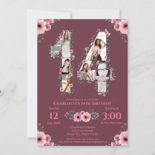 Invitation Gros 14e anniversaire fille photo Collage Fleur ro