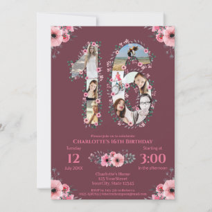 Invitation Gros 16e anniversaire fille photo Collage Fleur ro