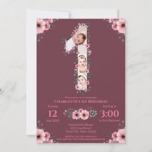 Invitation Gros 1er anniversaire fille photo Collage Fleur ro