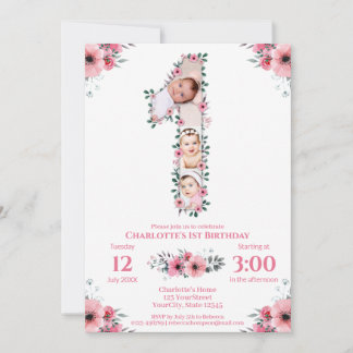 Invitation Gros 1er anniversaire fille photo Collage Fleur ro