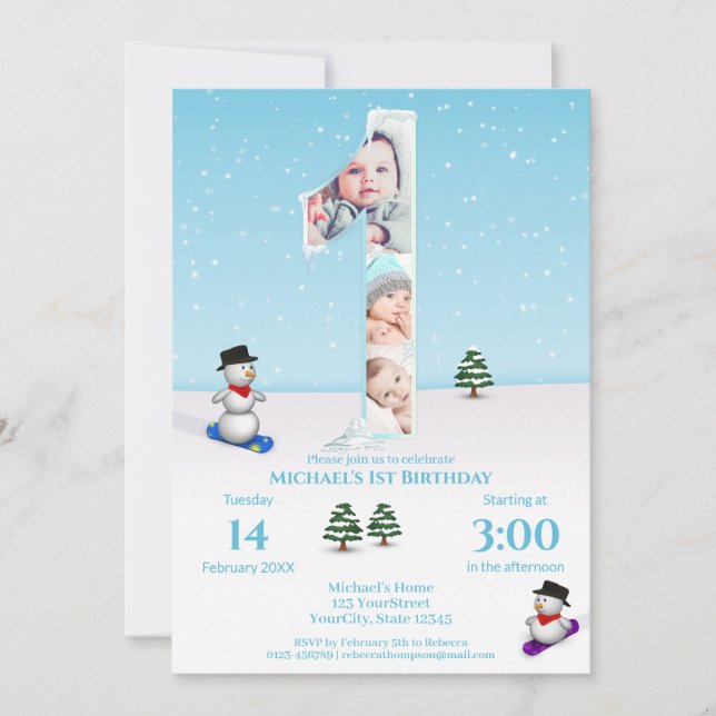 Invitation Gros 1er anniversaire hiver glace neige Collage ph (Devant)