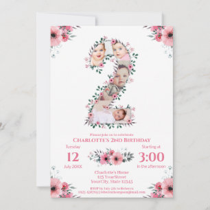 Invitation Gros 2e anniversaire fille photo Collage Fleur ros