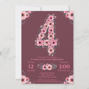 Invitation Gros 4e anniversaire Fleurs roses Fille Foliage ve
