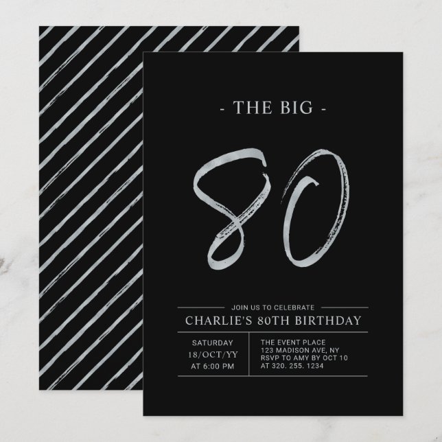Invitation Gros 80 | Fête de l'Argent et du Noir 80e annivers (Devant / Derrière)