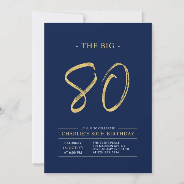 Invitation Gros 80 | Gold & Navy Blue 80th Birthday Party (Devant)