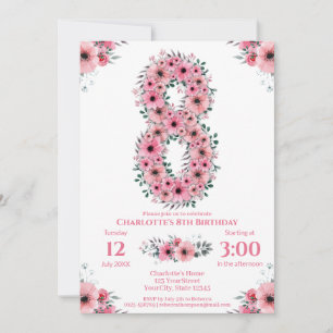Invitation Gros 8e anniversaire Fille du feuillage vert Fleur
