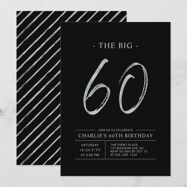 Invitation Gros soixante | Soirée Argent et Noir 60e annivers (Devant / Derrière)