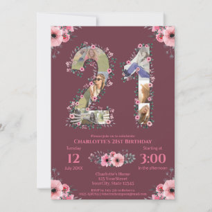 Invitation Grosse 21e anniversaire Photo Collage Rose Flower 