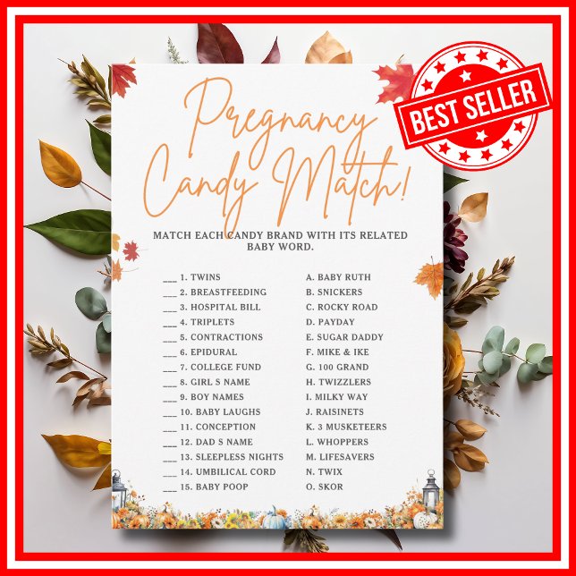 Invitation GROSSESSE CANDY MATCH Baby shower CITROUILLE de je (PREGNANCY CANDY MATCH Easy Baby Shower Game A Little Pumpkin is on the Way Fall Autumn Theme)