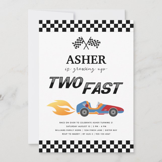 Invitation Grossing Up Two Fast Race Car Boy 2e anniversaire (Devant)