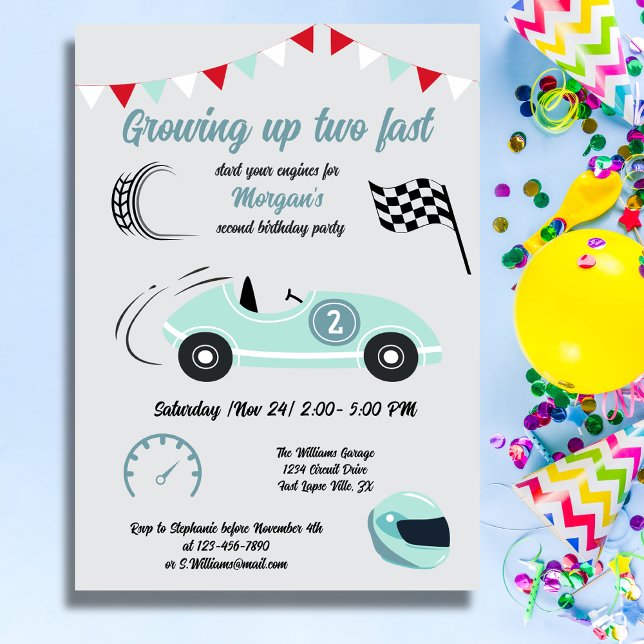 Invitation Grossissant Deux Fast Festive Blue Race Car Annive (Créateur téléchargé)