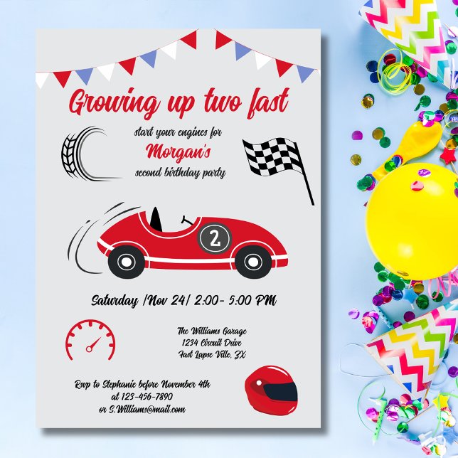 Invitation Grossissant Deux Fast Festive Red Race Car Anniver (Créateur téléchargé)
