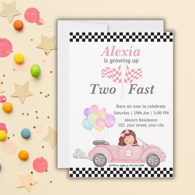 Invitation Grossissant deux Fast Pink Race Car Girl 2e annive (Créateur téléchargé)