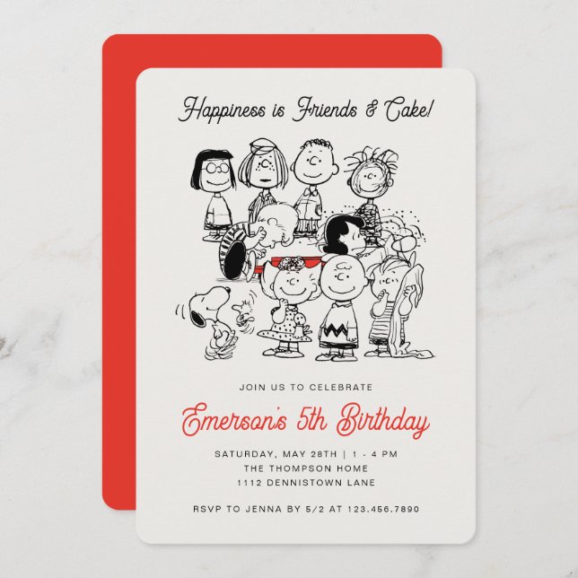 Invitation Groupe Peanuts Classique d'anniversaire | Snoopy e (Devant / Derrière)