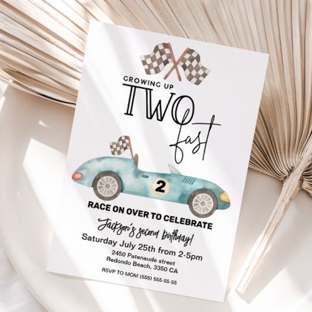 Invitation Growing Up TWO fast Blue Race car 2nd birthday (Growing up TWO fast boy birthday party)