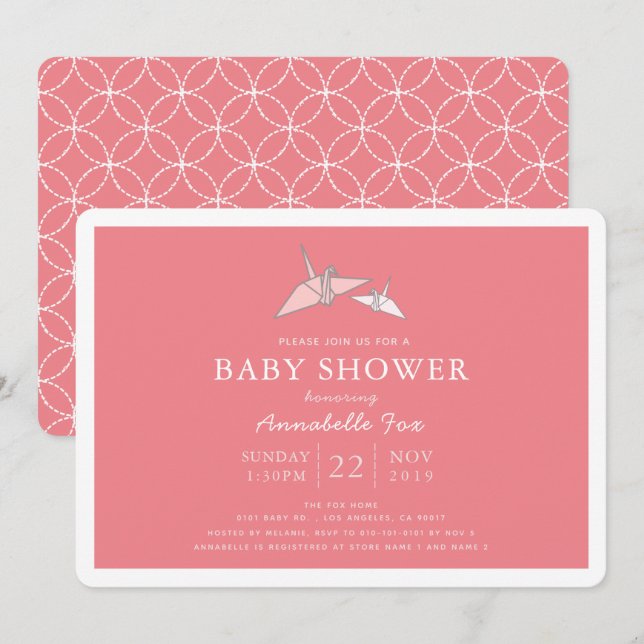 Invitation Grues en papier Origami Baby shower rose Invitatio (Devant / Derrière)