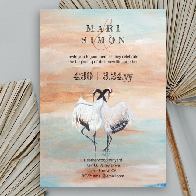 Invitation Grues japonaises, Beige, Mariage Turquoise (japanese origami asian cranes sienna beige turquoise blue wedding invitations, nature 2 animals)