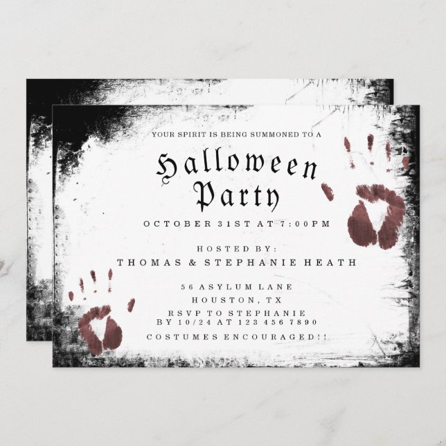 Invitation Grunge Bloody Hand Prints Halloween Party (Devant / Derrière)