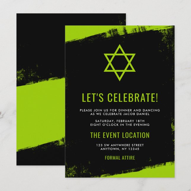 Invitation Grunge Lime Green Black Bar Mitzvah Réception (Devant / Derrière)