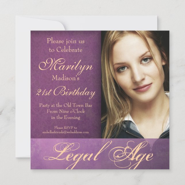 Invitation Grunge pourpre élégante de 21ème anniversaire (Devant)