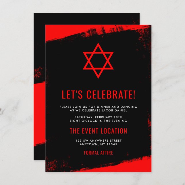Invitation Grunge Red Black Bar Mitzvah Réception (Devant / Derrière)