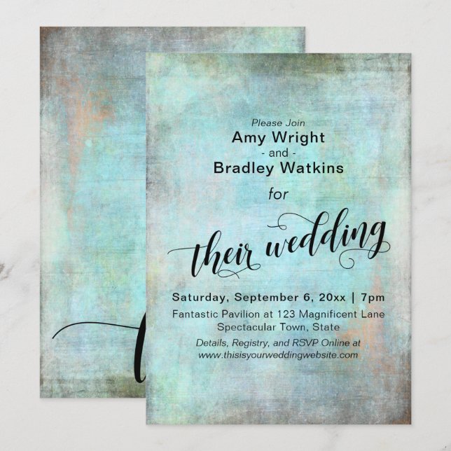 Invitation Grunge, Rustic Aqua Leur calligraphie Mariage (Devant / Derrière)