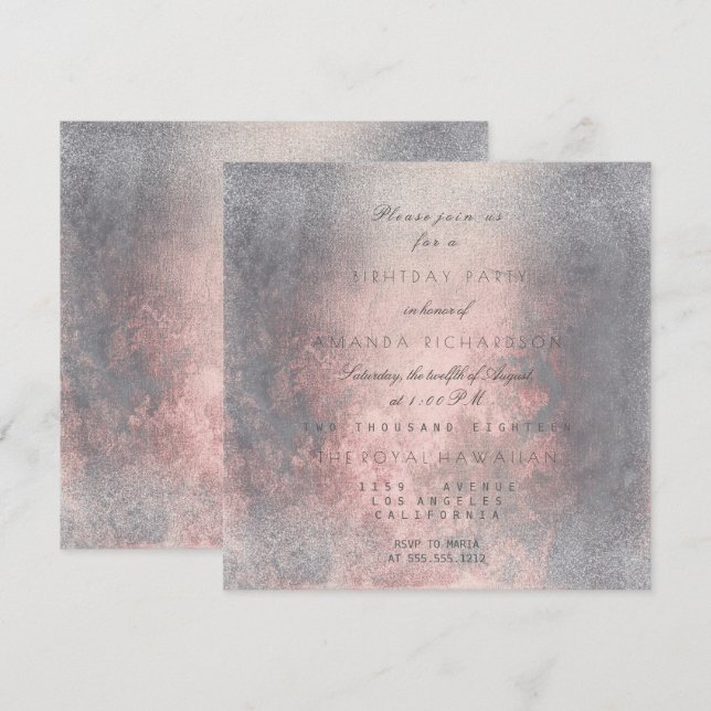 Invitation Grungy Grey Rose Rose Gold BrushVip Anniversaire (Devant / Derrière)