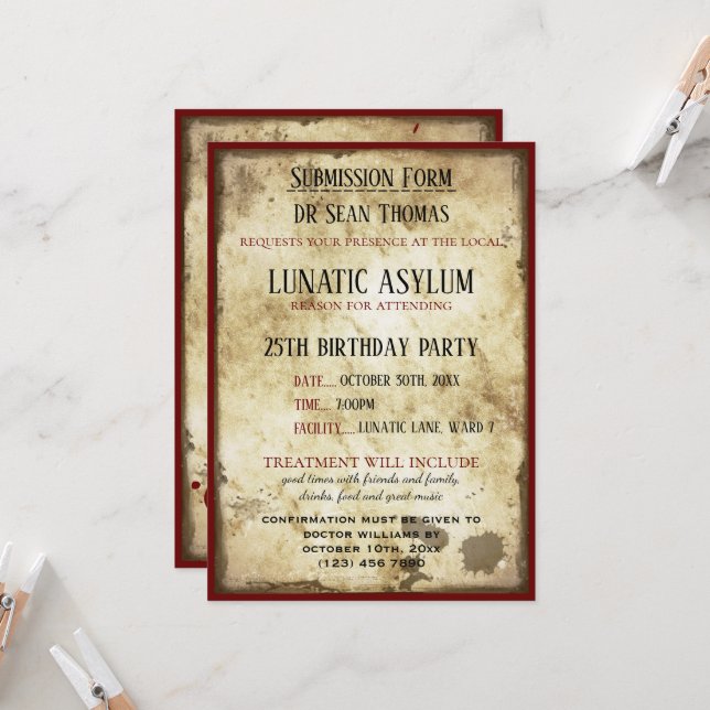 Invitation Grungy Lunatic Asylve Anniversaire (Devant/Arrière en situation)