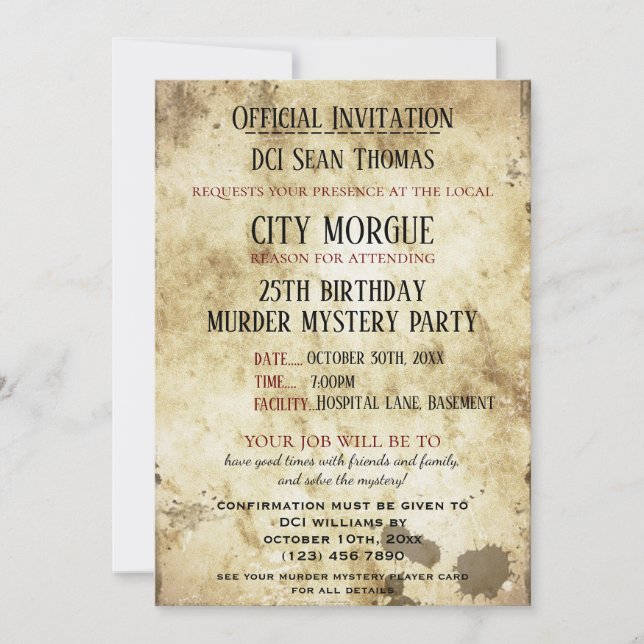 Invitation Grungy Murder Mystery Anniversaire (Devant)