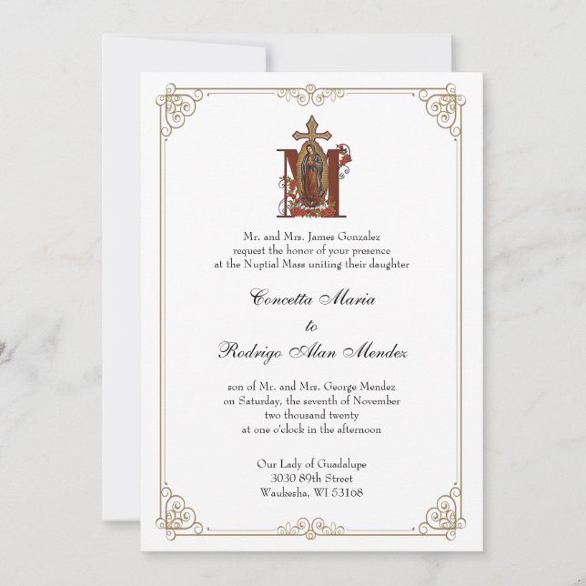 Invitation Guadalupe traditionnelle catholique Rouge Roses Or (Devant)