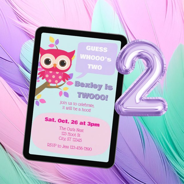 Invitation Guess Who's Two, Pink Owl 2nd Birthday (Créateur téléchargé)