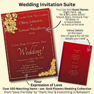 Invitation Guest Names, Gold Roses Maroon Red Wedding 
