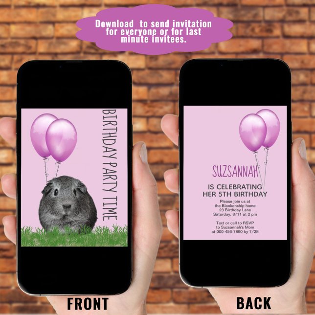 Invitation Guinée Cochon Girly Purple Balloon Personnalisé An (This easy to use birthday template invitation is ready for print or download once you add your info.)