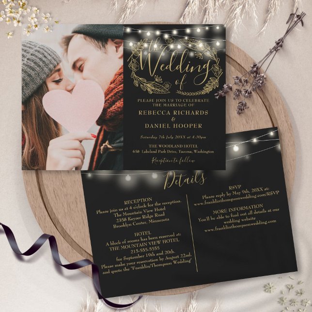 Invitation Guirlande de lumières dorées pour mariage en photo (String Lights Gold Foliage Photo Wedding Details Invitation)