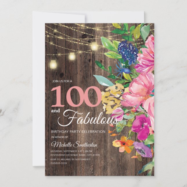 Invitation Guirlande de lumières florales roses en bois rusti (Devant)
