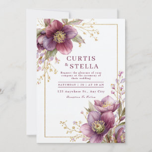Invitation Guirlande de mariage pailletée or Hellebore prune 