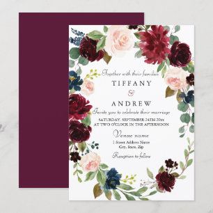 Invitation Guirlande Florale Bourgogne Moderne Mariage élégan