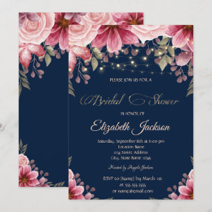 Invitation Guirlande Lumineuse Élégante Fleurs Bleu Marine Sh