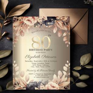Invitation Guirlande Lumineuse Élégante Florale 80ème Anniver