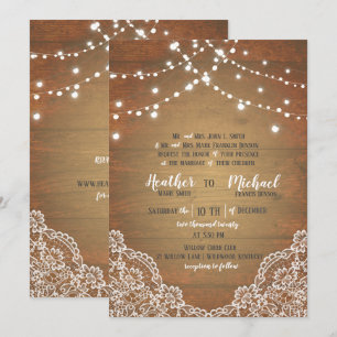 Invitation Guirlande Lumineuse en Bois Rustique avec Dentelle