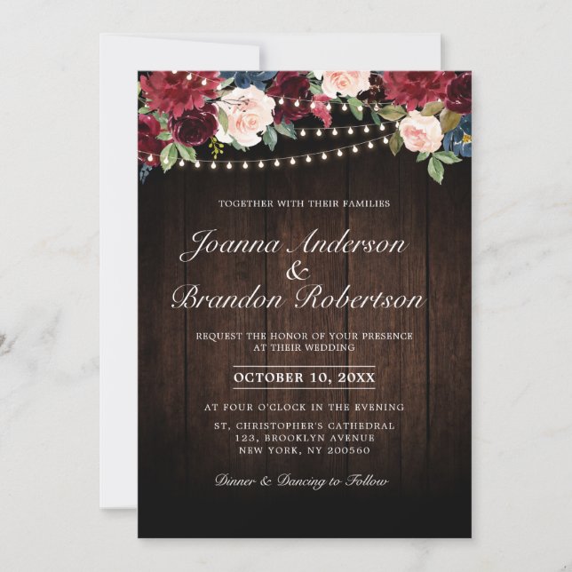 Invitation Guirlande lumineuse florale en bois rustique borde (Devant)